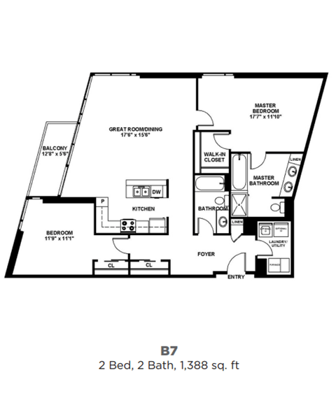 Floor plan for 2 beds, 2 baths, 1388 sqft