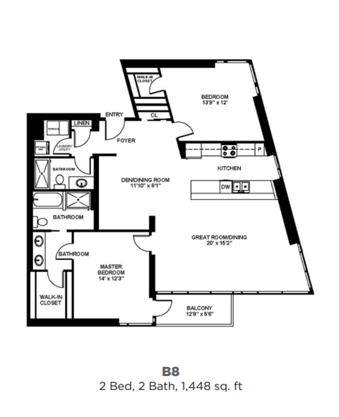 Floor plan for 2 beds, 2 baths, 1448 sqft