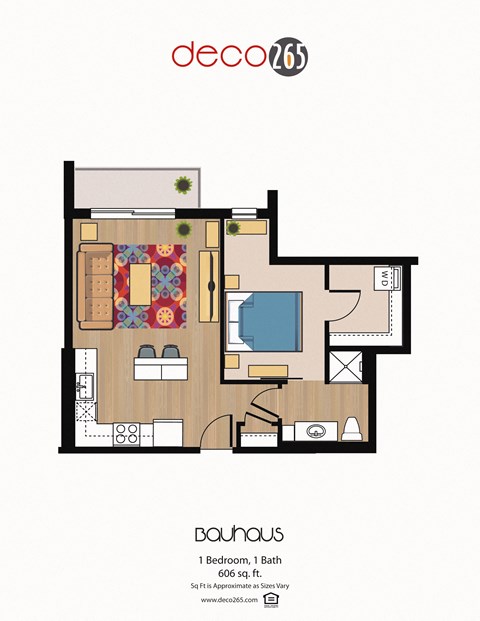 Floor plan for 1 bed, 1 bath, 606 sqft