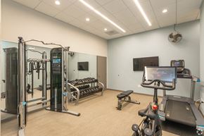 Chicago apartment for rent - a gym with cardio equipment and weights in a room with a tv