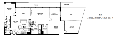 Floor plan for 2 beds, 2 baths, 1826 sqft