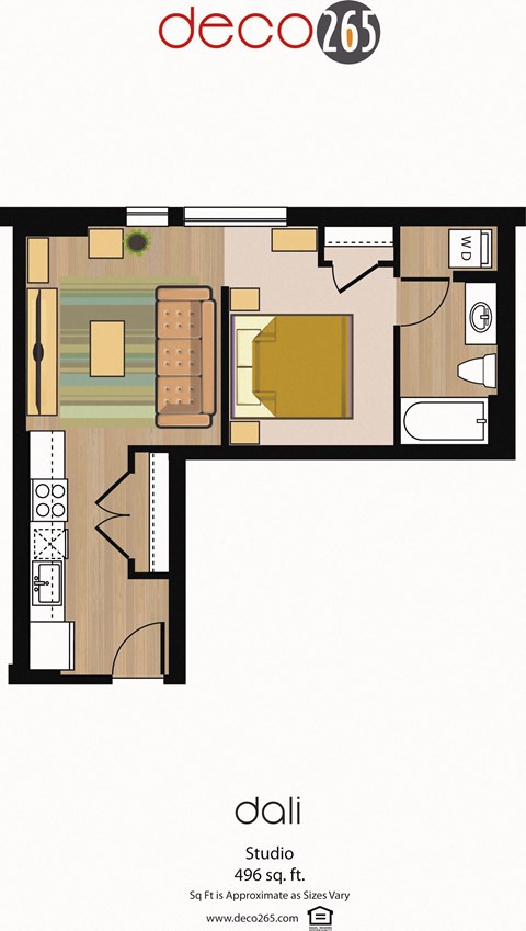 Floor plan for studio, 1 bath, 496 sqft