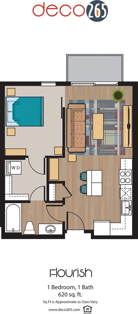 Floor plan for 1 bed, 1 bath, 620 sqft
