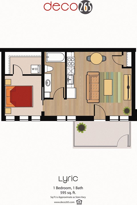 Floor plan for 1 bed, 1 bath, 595 sqft