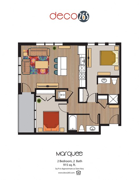 Floor plan for 2 beds, 2 baths, 915 sqft
