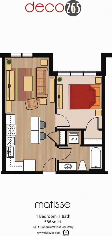 Floor plan for 1 bed, 1 bath, 566 sqft