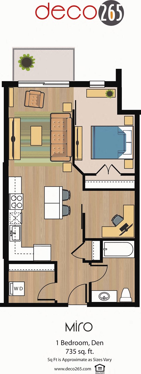 Floor plan for 1 bed, 1 bath, 735 sqft
