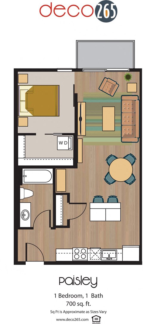 Floor plan for 1 bed, 1 bath, 700 sqft