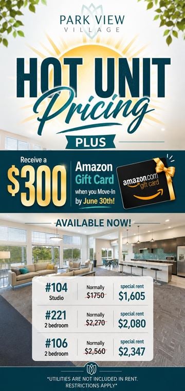 Bellingham apartment for rent - An advertisement for Park View Village's hot unit pricing, offering a $300 Amazon gift card for a special promotion.