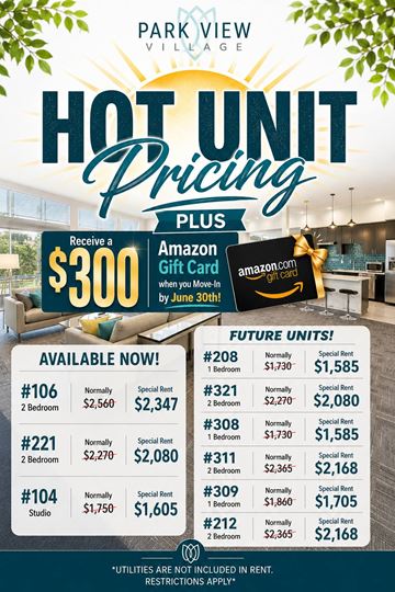 Bellingham apartment for rent - A promotional image for Park View Village advertising a $300 Amazon gift card giveaway for a special rent offer.