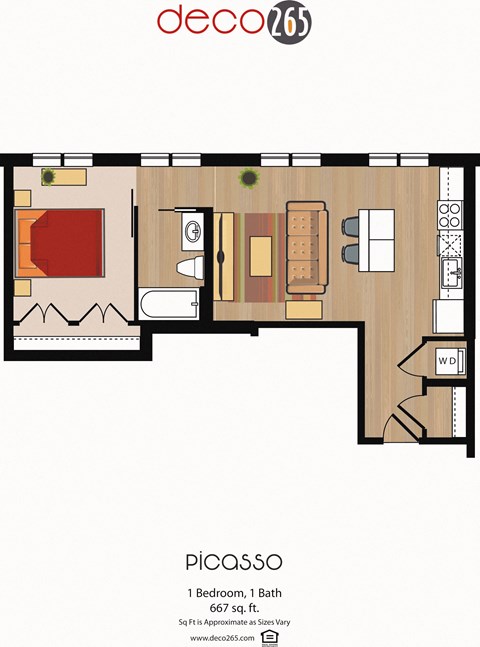 Floor plan for 1 bed, 1 bath, 667 sqft
