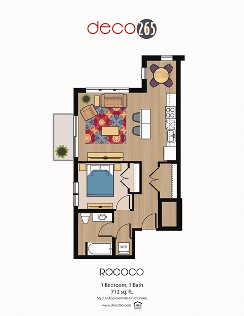 Floor plan for 1 bed, 1 bath, 712 sqft