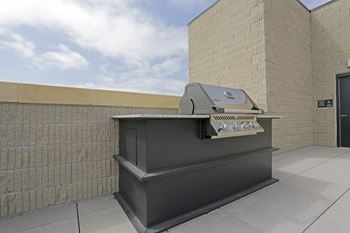 Rooftop with skyline views, grills, and fire pit