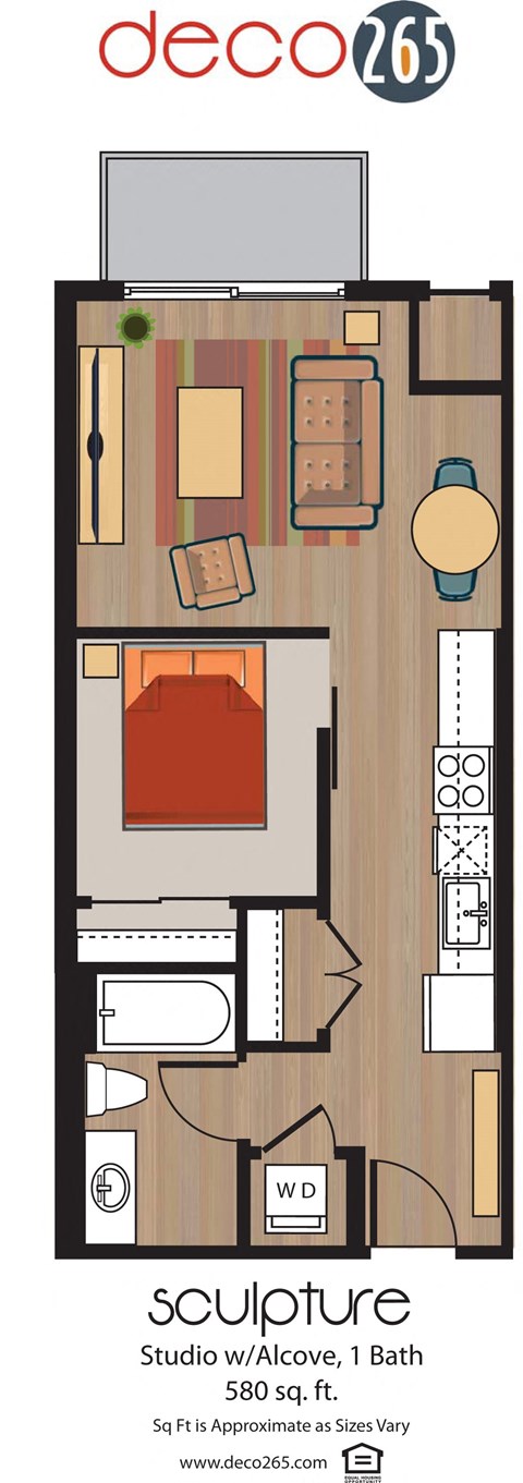 Floor plan for 1 bed, 1 bath, 580 sqft