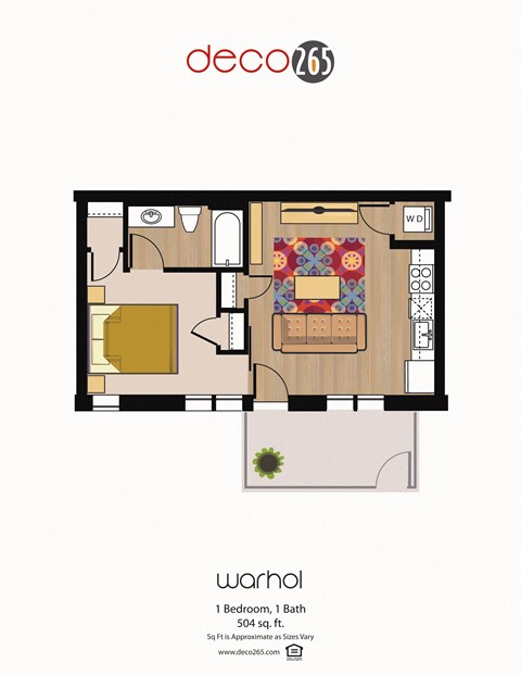 Floor plan for 1 bed, 1 bath, 504 sqft