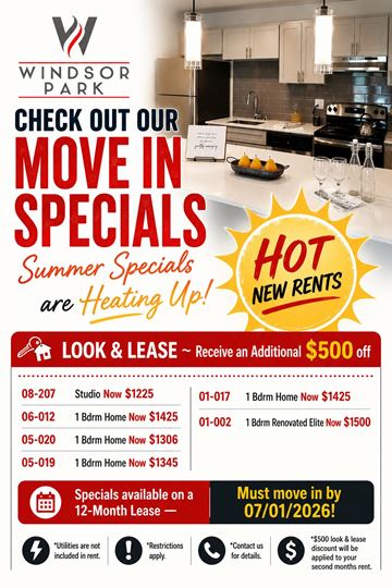 Auburn apartment for rent - A flyer for Windsor Park advertising their move in specials for new renters.