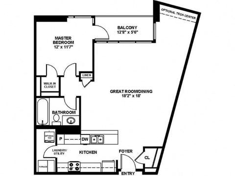 Floor plan for 1 bed, 1 bath, 1005 sqft