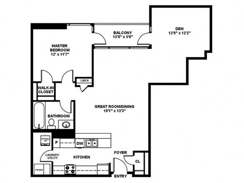 Floor plan for 1 bed, 1 bath, 1025 sqft