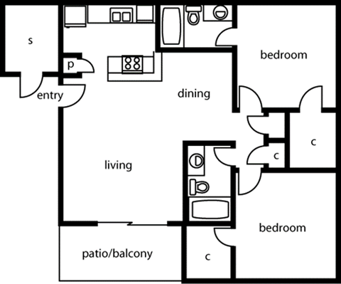 Floor plan for 2 beds, 2 baths, 991 sqft