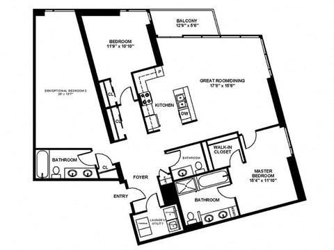 Floor plan for 2 beds, 2 baths, 1769 sqft
