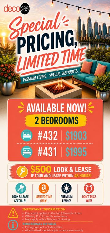 Minneapolis apartment for rent - A promotional image for a special pricing, limited time offer for a 2 bedroom apartment at Deco 265.
