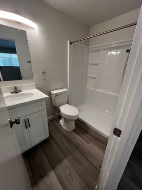 Tucson apartment for rent - A white bathroom with a toilet, sink, and mirror.