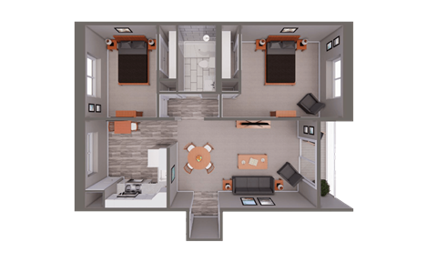Floor plan for 2 beds, 1 bath, 780 sqft