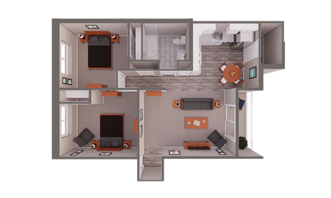 Floor plan for 2 beds, 1 bath, 807 sqft