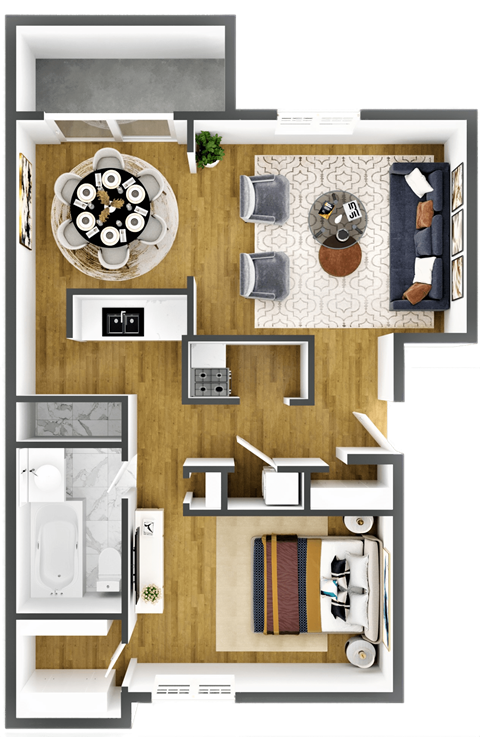 Floor plan for 1 bed, 1 bath, 772 sqft