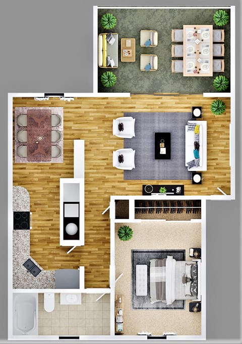 Floor plan for 1 bed, 1 bath, 650 sqft