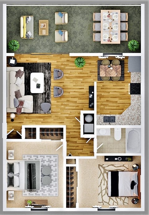 Floor plan for 2 beds, 1 bath, 755 sqft