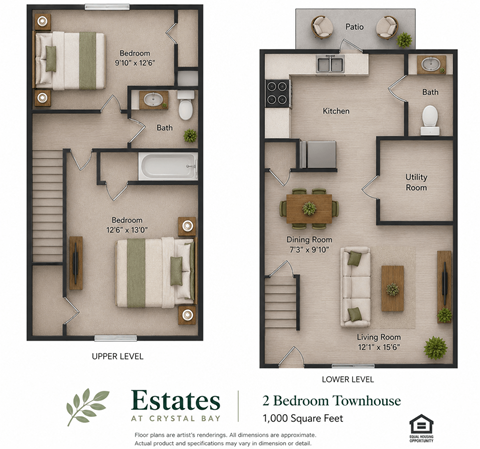 Floor plan for 2 beds, 1.5 baths, 1000 sqft
