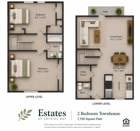 Floor plan for 2 beds, 1.5 baths, 1150 sqft