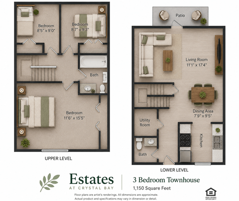 Floor plan for 3 beds, 1.5 baths, 1150 sqft