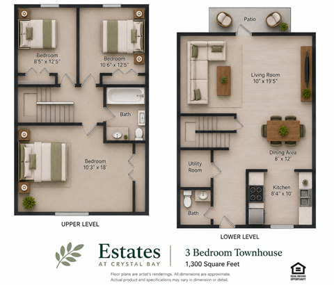 Floor plan for 3 beds, 1.5 baths, 1300 sqft