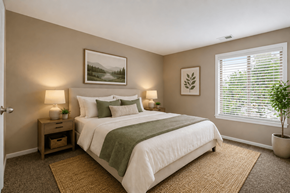 Indianapolis townhouse for rent - A bedroom with a large bed and a potted plant.