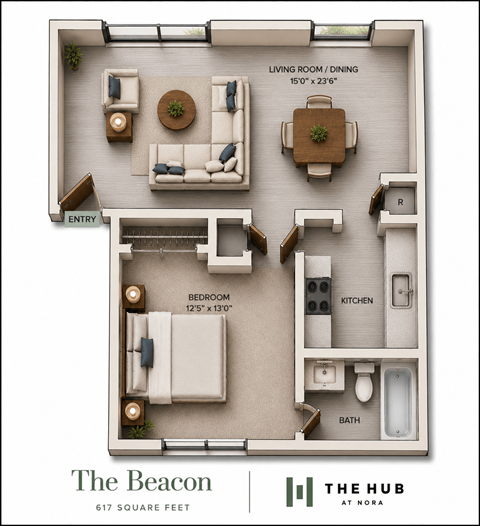 Floor plan for 1 bed, 1 bath, 617 sqft