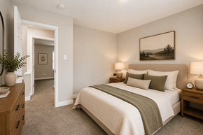 Indianapoils apartment for rent - A bedroom with a large bed and a painting on the wall.