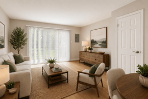 Indianapoils apartment for rent - A living room with a white couch, a wooden coffee table, and a white door.