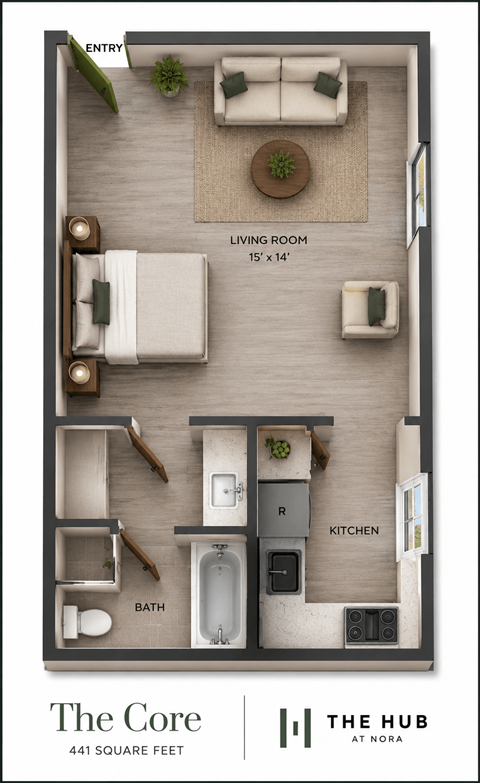 Floor plan for studio, 1 bath, 441 sqft