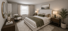 Indianapolis apartment for rent - A bedroom with a large bed, a chair, a nightstand, and a plant.