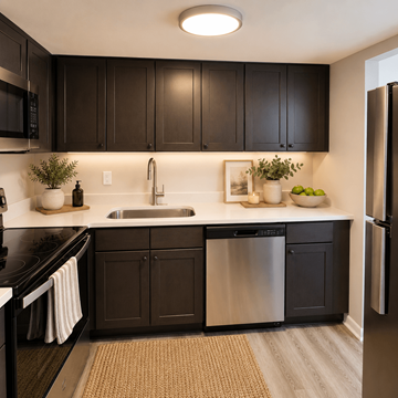 Indianapolis apartment for rent - A kitchen with black cabinets and a stainless steel dishwasher.
