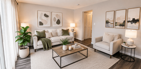 Indianapolis apartment for rent - A living room with a white couch, a green throw, and a coffee table.