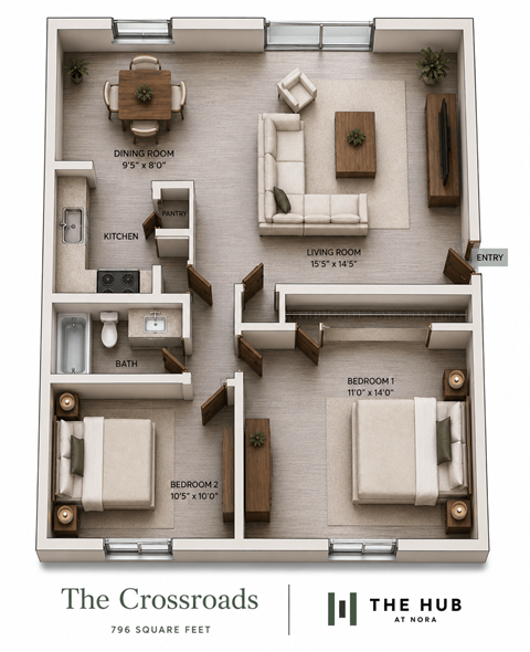 Floor plan for 2 beds, 1 bath, 796 sqft