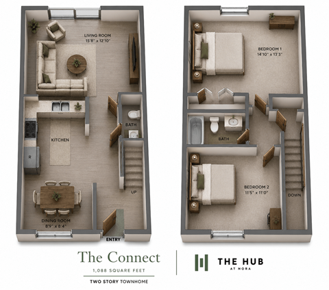 Floor plan for 2 beds, 1.5 baths, 1088 sqft
