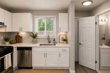 Indianapolis apartment for rent - A white kitchen with a black stove top oven.