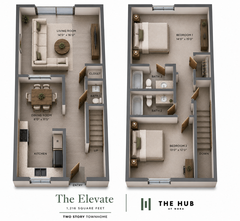 Floor plan for 2 beds, 2.5 baths, 1216 sqft
