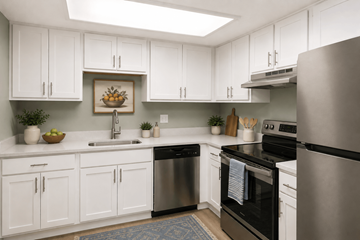 Indianapolis apartment for rent - A modern kitchen with white cabinets and stainless steel appliances.