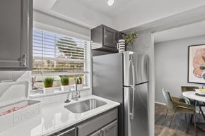 Orlando apartment for rent - a kitchen with stainless steel refrigerator and sink and a window