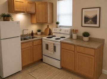 Jacksonville apartment for rent - A kitchen with a white refrigerator, white stove, and wooden cabinets.